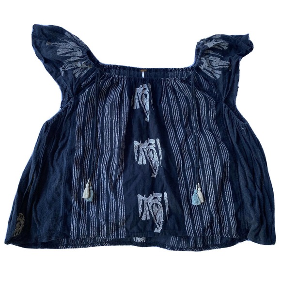 Free People Tops - Free People Blouse Sz M Pukka Peasant Boho Gray Blue Pom Pom Tassel Short Sleeve